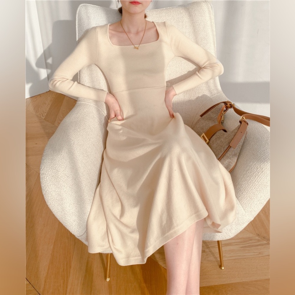 Cream Slim Fit Long Sweater Dress